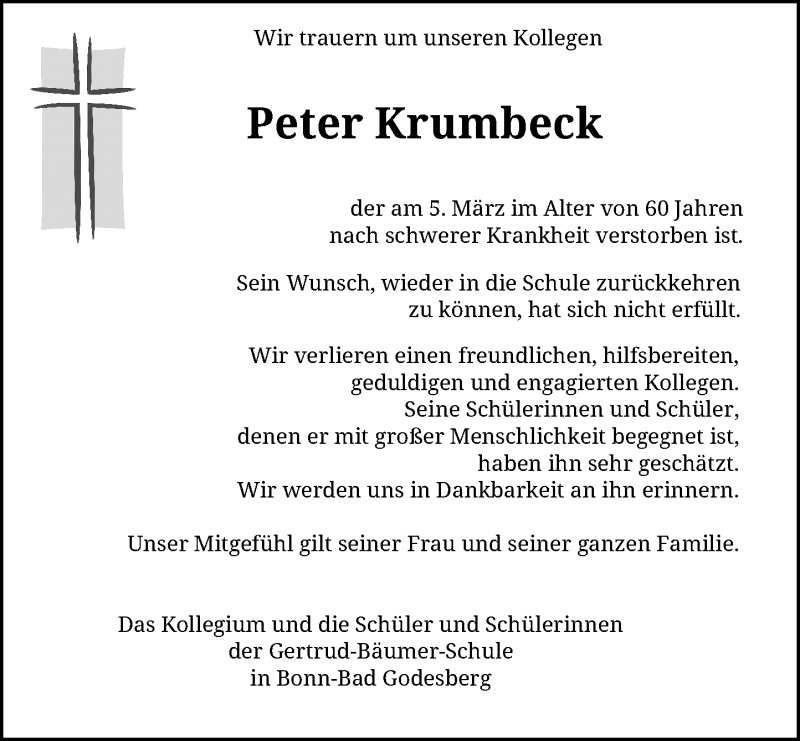  Traueranzeige für Peter Krumbeck vom 13.03.2021 aus General-Anzeiger Bonn