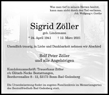 Anzeige von Sigrid Zöller von General-Anzeiger Bonn