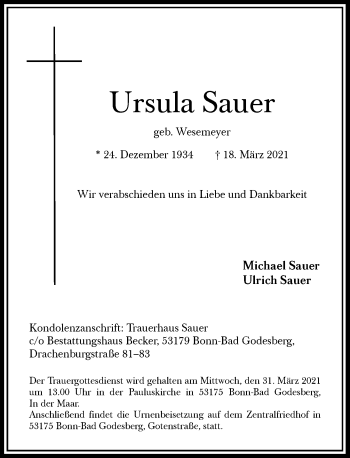 Anzeige von Ursula Sauer von General-Anzeiger Bonn
