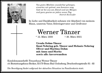 Anzeige von Werner Tänzer von General-Anzeiger Bonn