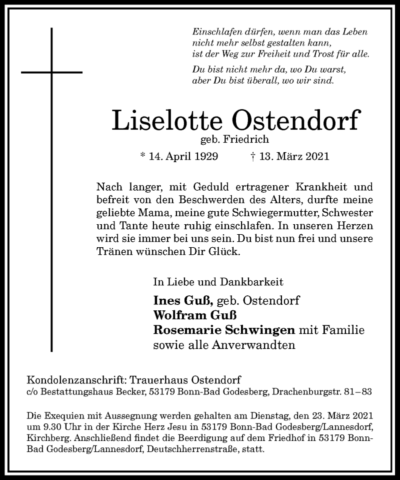  Traueranzeige für Liselotte Ostendorf vom 18.03.2021 aus GENERAL-ANZEIGER BONN