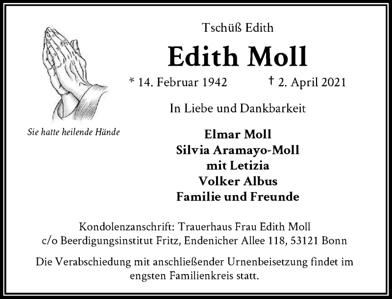  Traueranzeige für Edith Moll vom 10.04.2021 aus General-Anzeiger Bonn