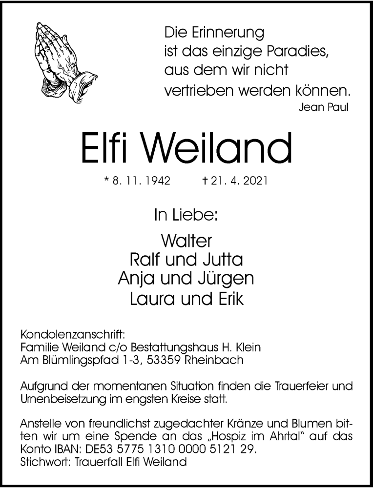 Traueranzeige für Elfi Weiland vom 24.04.2021 aus General-Anzeiger Bonn