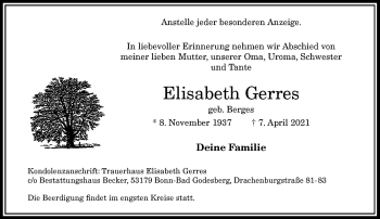 Anzeige von Elisabeth Gerres von General-Anzeiger Bonn