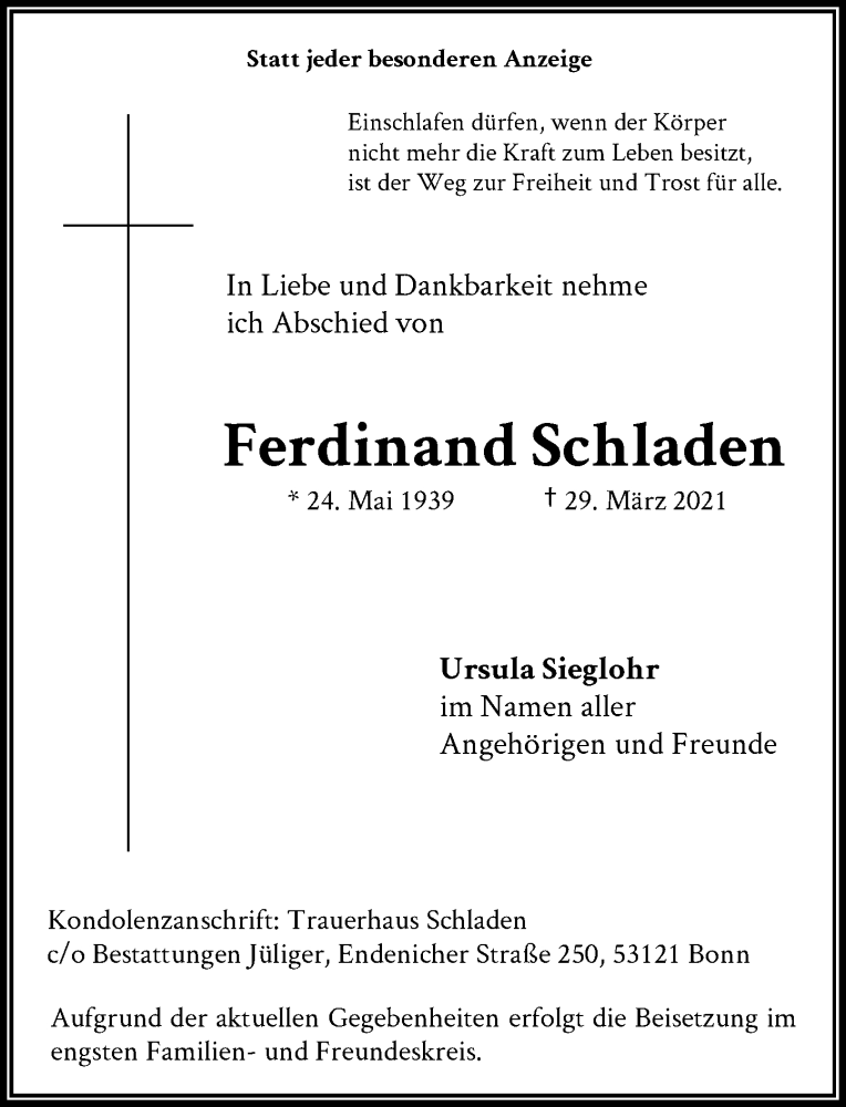  Traueranzeige für Ferdinand Schladen vom 03.04.2021 aus General-Anzeiger Bonn
