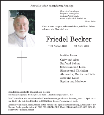 Anzeige von Friedel Becker von General-Anzeiger Bonn