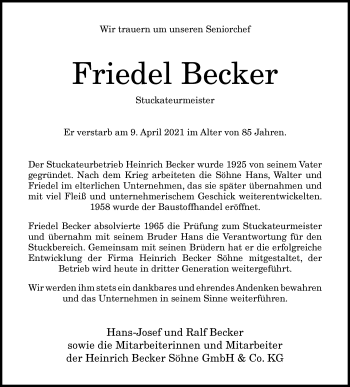 Anzeige von Friedel Becker von General-Anzeiger Bonn
