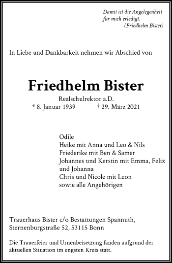 Anzeige von Friedhelm Bister von General-Anzeiger Bonn
