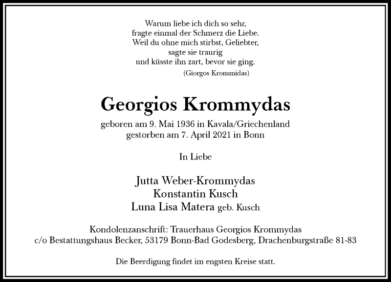  Traueranzeige für Georgios Krommydas vom 10.04.2021 aus General-Anzeiger Bonn