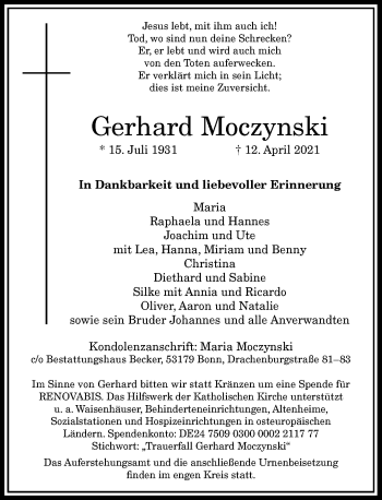 Anzeige von Gerhard Moczynski von General-Anzeiger Bonn