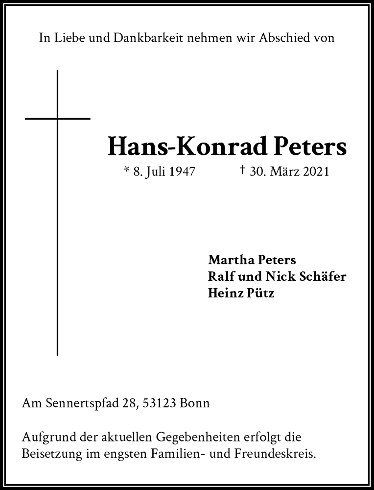  Traueranzeige für Hans-Konrad Peters vom 03.04.2021 aus General-Anzeiger Bonn