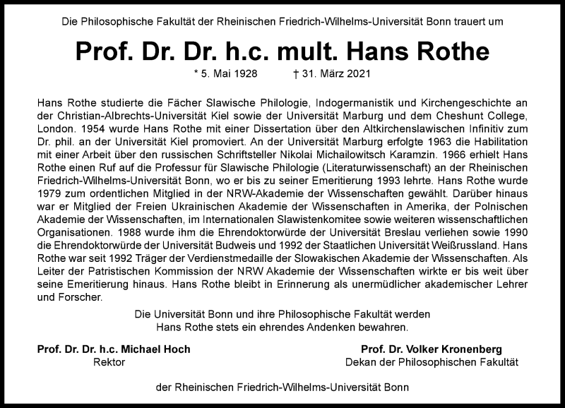  Traueranzeige für Hans Rothe vom 17.04.2021 aus General-Anzeiger Bonn