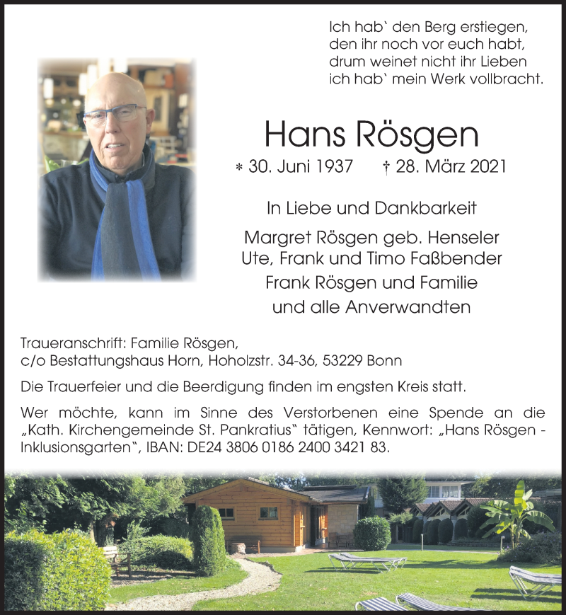  Traueranzeige für Hans Rösgen vom 03.04.2021 aus General-Anzeiger Bonn