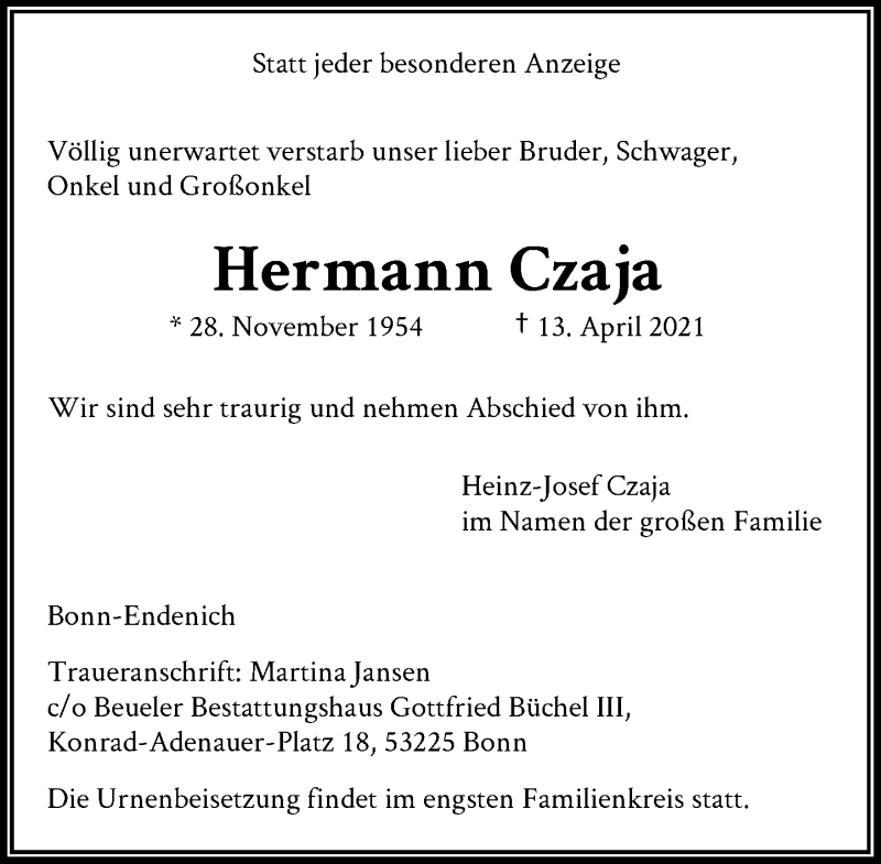 Traueranzeige für Hermann Czaja vom 01.05.2021 aus General-Anzeiger Bonn