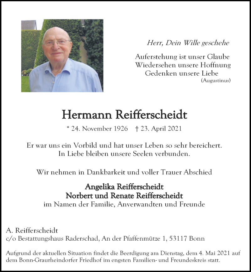  Traueranzeige für Hermann Reifferscheidt vom 01.05.2021 aus General-Anzeiger Bonn