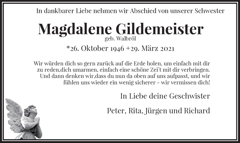  Traueranzeige für Magdalene Gildemeister vom 10.04.2021 aus General-Anzeiger Bonn