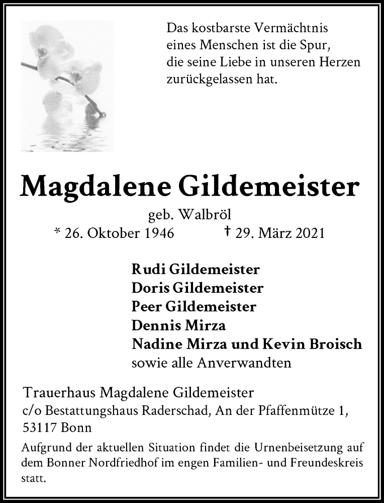  Traueranzeige für Magdalene Gildemeister vom 10.04.2021 aus General-Anzeiger Bonn