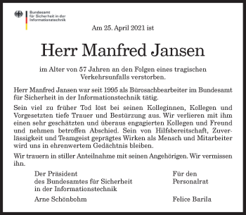 Anzeige von Manfred Jansen von General-Anzeiger Bonn