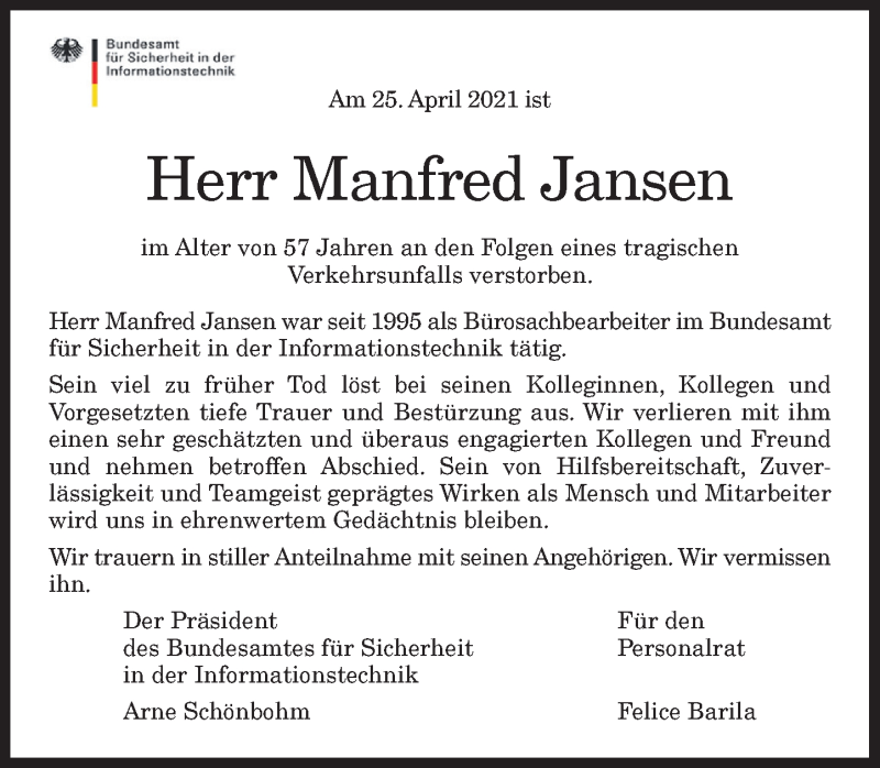  Traueranzeige für Manfred Jansen vom 01.05.2021 aus General-Anzeiger Bonn