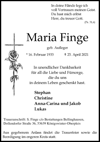 Anzeige von Maria Finge von General-Anzeiger Bonn