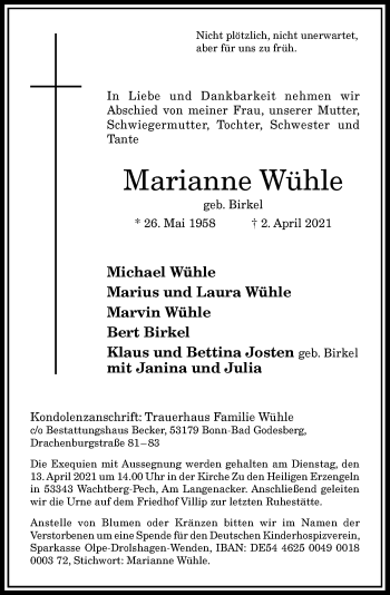 Anzeige von Marianne Wühle von General-Anzeiger Bonn