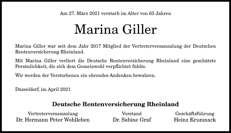  Traueranzeige für Marina Giller vom 10.04.2021 aus General-Anzeiger Bonn