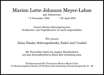 Anzeige von Marion Lotte Johanna Meyer-Lohse von General-Anzeiger Bonn