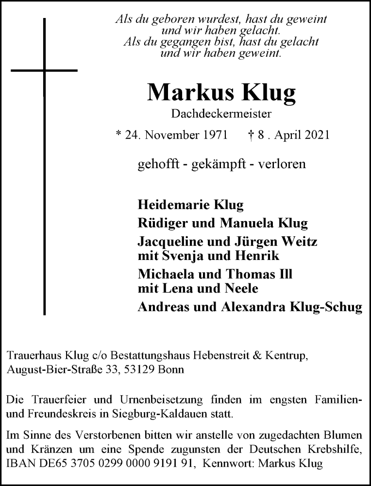  Traueranzeige für Markus Klug vom 17.04.2021 aus General-Anzeiger Bonn