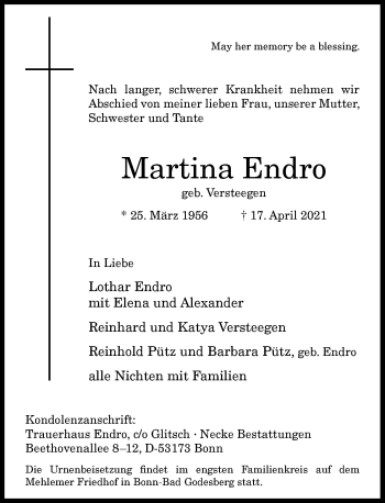 Anzeige von Martina Endro von General-Anzeiger Bonn