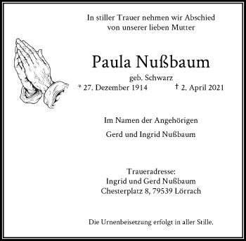 Anzeige von Paula Nußbaum von General-Anzeiger Bonn