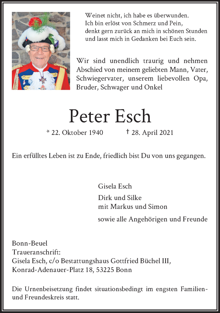  Traueranzeige für Peter Esch vom 01.05.2021 aus General-Anzeiger Bonn