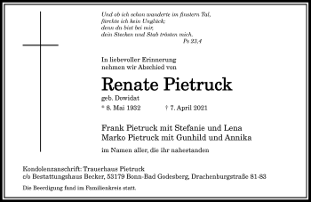 Anzeige von Renate Pietruck von General-Anzeiger Bonn