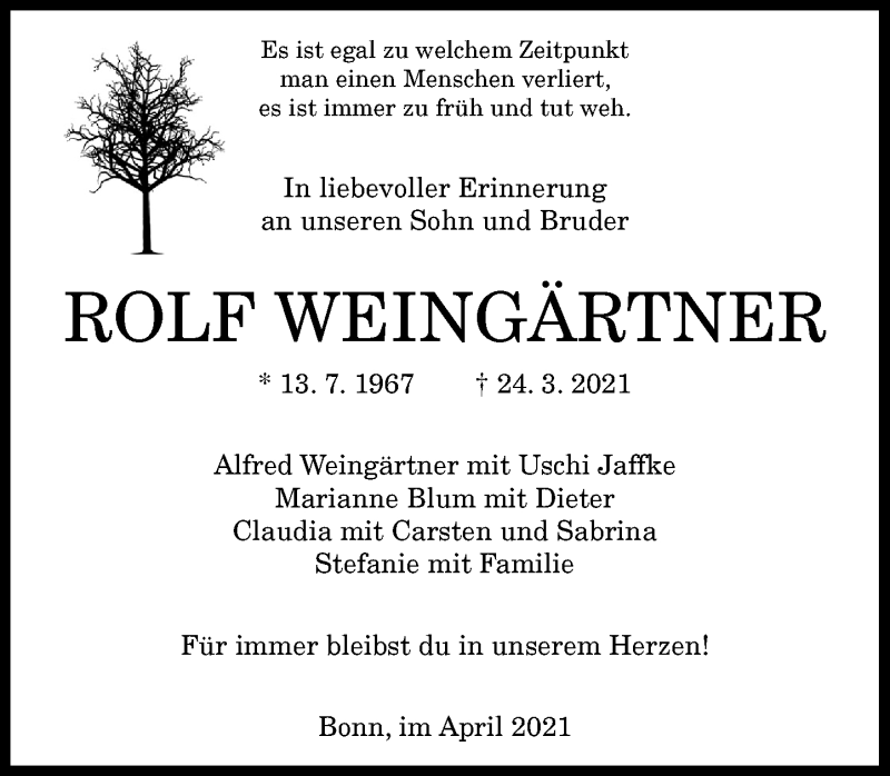  Traueranzeige für Rolf Weingärtner vom 07.04.2021 aus General-Anzeiger Bonn