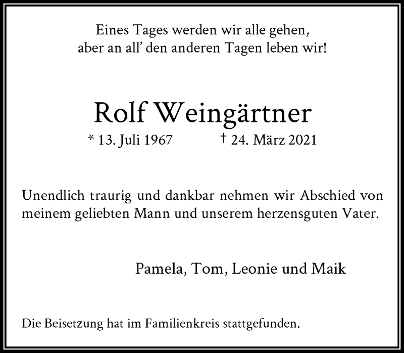  Traueranzeige für Rolf Weingärtner vom 03.04.2021 aus General-Anzeiger Bonn