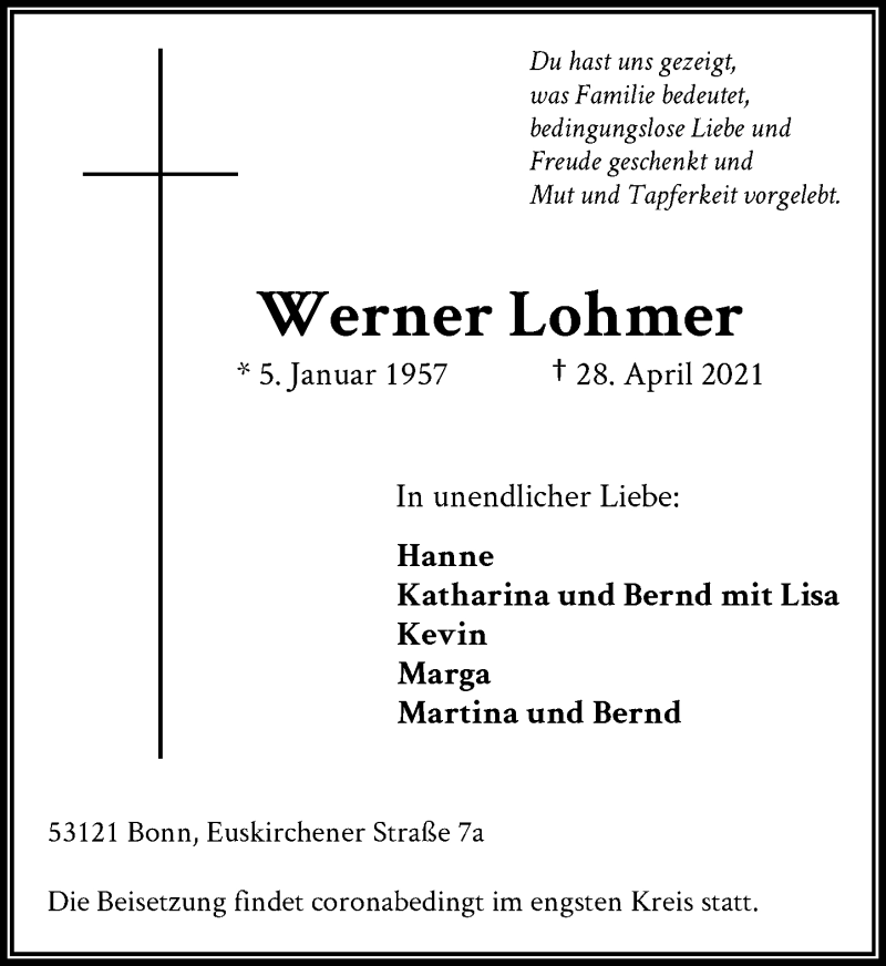  Traueranzeige für Werner Lohmer vom 01.05.2021 aus General-Anzeiger Bonn
