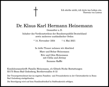 Anzeige von Klaus Karl Hermann Heinemann von General-Anzeiger Bonn