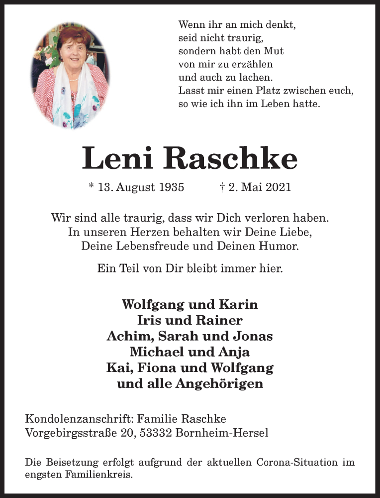  Traueranzeige für Leni Raschke vom 06.05.2021 aus General-Anzeiger Bonn
