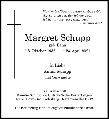 Anzeige von Margret Schupp von General-Anzeiger Bonn