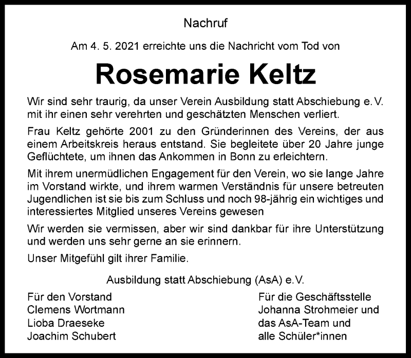  Traueranzeige für Rosemarie Keltz vom 08.05.2021 aus General-Anzeiger Bonn
