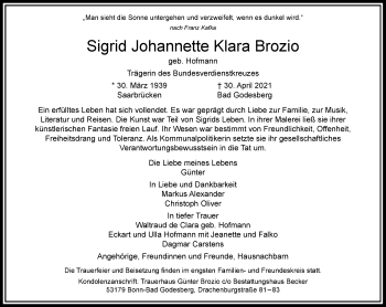 Anzeige von Sigrid Johannette Klara Brozio von General-Anzeiger Bonn