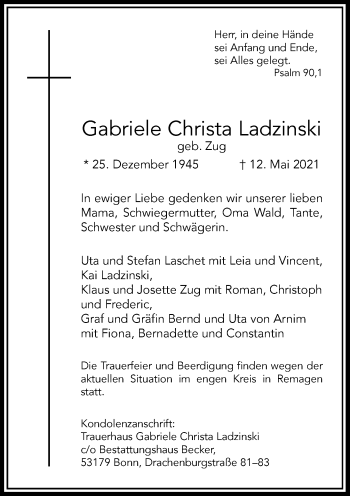 Anzeige von Gabriele Christa Ladzinski von General-Anzeiger Bonn