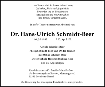 Anzeige von Hans-Ulrich Schmidt-Beer von General-Anzeiger Bonn
