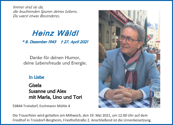 Anzeige von Heinz Wäldl von General-Anzeiger Bonn