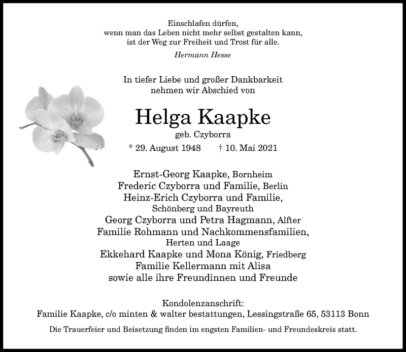  Traueranzeige für Helga Kaapke vom 15.05.2021 aus General-Anzeiger Bonn