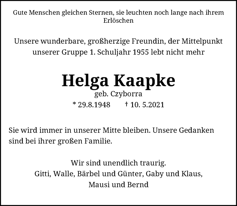  Traueranzeige für Helga Kaapke vom 15.05.2021 aus General-Anzeiger Bonn