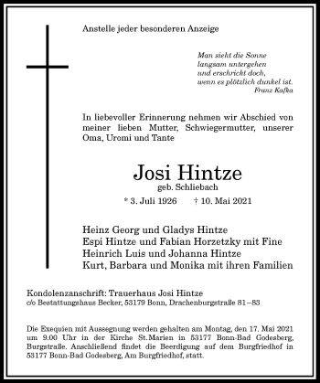 Anzeige von Josi Hintze von General-Anzeiger Bonn