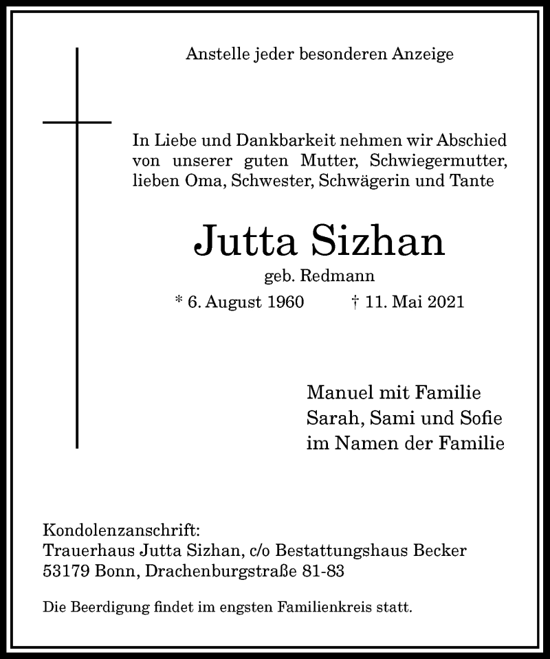  Traueranzeige für Jutta Sizhan vom 15.05.2021 aus General-Anzeiger Bonn