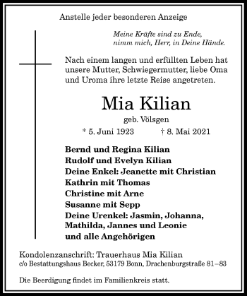 Anzeige von Mia Kilian von General-Anzeiger Bonn