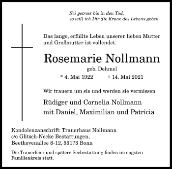 Anzeige von Rosemarie Nollmann von General-Anzeiger Bonn