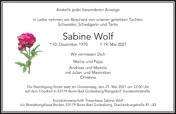 Anzeige von Sabine Wolf von General-Anzeiger Bonn